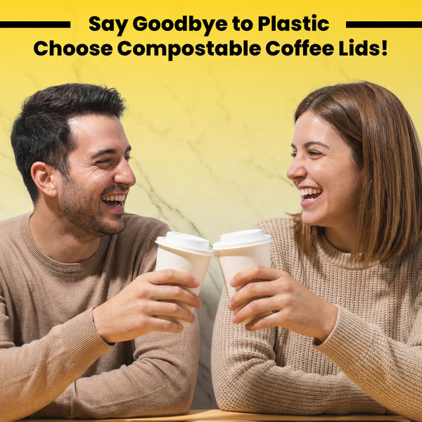 Two people enjoying coffee with HAY! Straws compostable lids against a yellow background with text promoting compostable coffee lids.