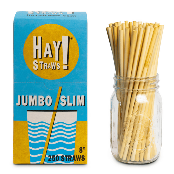 HAY Straws Jumbo Slim Straws made from reed plant stems, a n inner box of 250 biodegradable drinking straws, 8” length, non soggy straws, compostable straws, natural straws