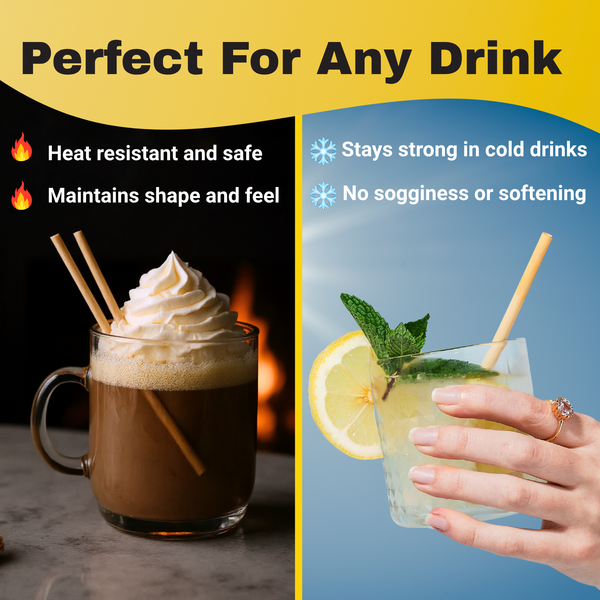 HAY! Straws jumbo slim straws in two drink scenarios with text highlighting features of the product, one for hot drinks and one for cold drinks. showing the best non soggy straws which are heat resistant and maintain their shape in hot or cold drinks