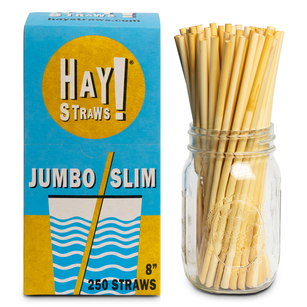 HAY Straws Jumbo Slim Straws made from reed plant stems, a n inner box of 250 biodegradable drinking straws, 8” length, non soggy straws, compostable straws, natural straws