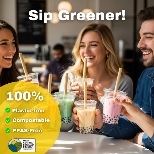 The best boba tea straw by HAY straws People enjoying drinks with bamboo looking straws in a casual setting, promoting plastic-free, compostable, and PFAS-free drinking straws certified by the USDA bio-based program