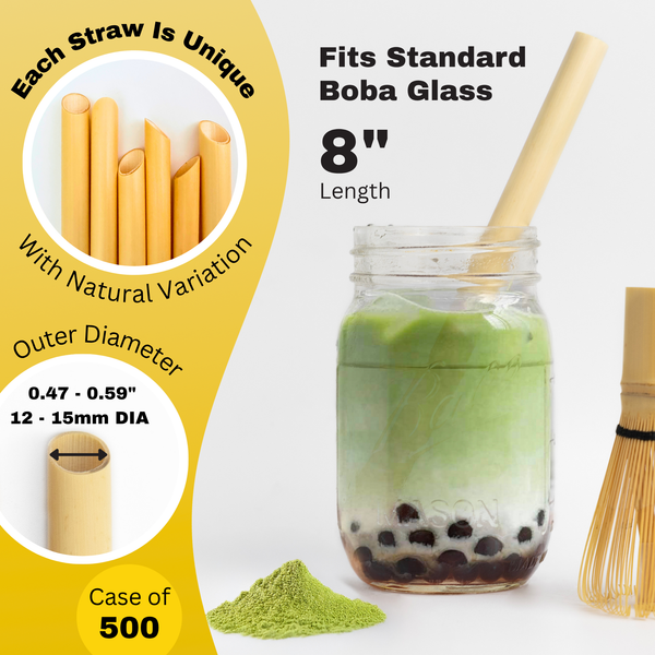 A biodegradable boba straw by HAY! Straws in an iced matcha drink, a wide natural straw for bubble tea drinks with text overlay saying each straw is unique with natural variation and an outer diameter of 0.47-0.59" and a length of 8"