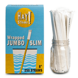 HAY Straws Jumbo Slim Straws made from reed plant stems, Individually wrapped straws in a box of 250 straws, wholesale drinking straws 8” length, non soggy straws, compostable straws, natural straws