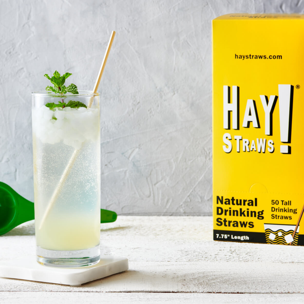 The best plastic-free drinking straw by HAY! Straws inside a tall glass of lemonade, the straw is a natural golden color, garnished with mint and showing a box of plastic-free straws