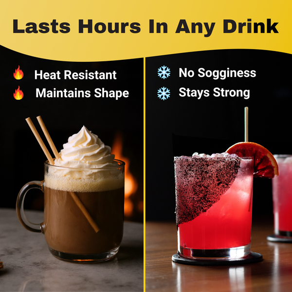 HAY! straws in two contrasting drinks, a hot chocolate with whipped cream and a red iced lowball cocktail drink and the words lasts hours in any drink and showing the straws don't go soggy, are heat resistant, maintain their shape and stay strong
