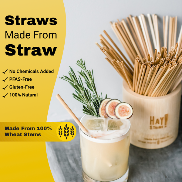 HAY! Straws cocktail drink garnished with rosemary and a bamboo straw holder with natural hay straws, showing their natural beauty and variation of these plat stem straws and the words" Straws made from straw", "made from 100% wheat stems" with no chemicals added, PFAS-free, Gluten-free and 100% natural