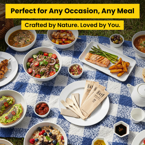 The best wooden cutlery for any occasion and any meal, text reads crafted by nature , loved by you and features various types of food the HAY cutlery set can be used with, such as meats, salads, toast, cereal soups and more