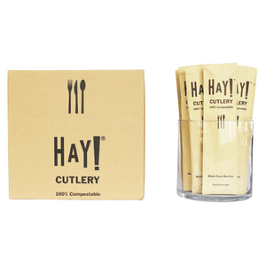 HAY! Straws Bamboo cutlery, wrapped cutlery set containing a bamboo fork, bamboo knife, bamboo spoon and bamboo napkin