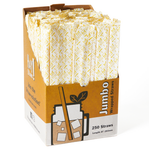250 Pack of individually wrapped Jumbo 8in straws. HAY! Straws® Individually Wrapped Jumbo straws. Biodegradable drinking straws for shakes and smoothies made from wheat stems, 8 inches in length. Case contains 1500 straws individually wrapped in paper sleeve for convenience and hygiene.