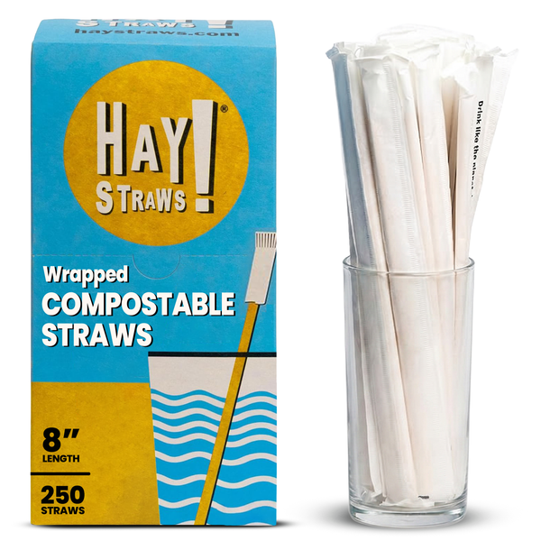 HAY Straws Standard 8" wrapped straw is made from reed plant stems, Individually wrapped straws in a box of 250 straws, wholesale drinking straws 8” length, non soggy straws, compostable straws, natural straws