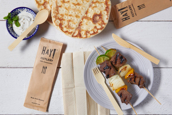 Each piece of cutlery is made from 100% bamboo. Each set is individually wrapped for hygiene and convenience. The utensils and napkin are all compostable and the paper wrapper can be recycled.