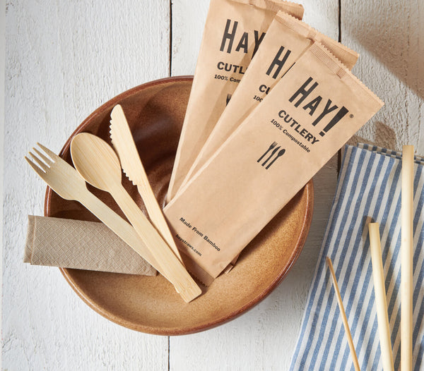 Each piece of cutlery is made from 100% bamboo. Each set is individually wrapped for hygiene and convenience. The utensils and napkin are all compostable and the paper wrapper can be recycled.