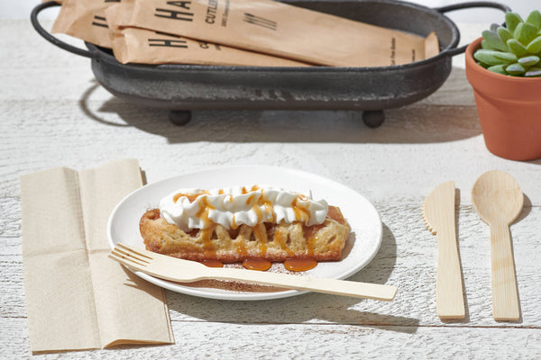 Each piece of cutlery is made from 100% bamboo. Each set is individually wrapped for hygiene and convenience. The utensils and napkin are all compostable and the paper wrapper can be recycled.