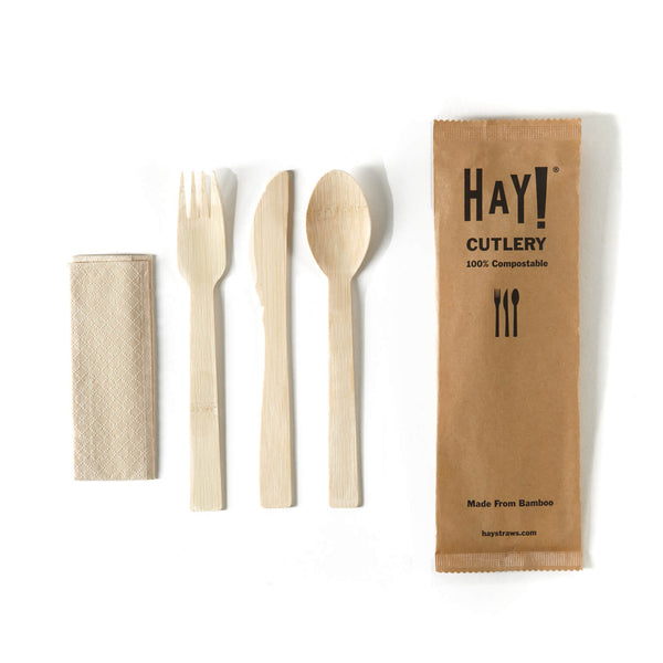 Each piece of cutlery is made from 100% bamboo. Each set is individually wrapped for hygiene and convenience. The utensils and napkin are all compostable and the paper wrapper can be recycled.