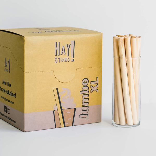 Jumbo XL straws by HAY! Straws are 100% biodegradable and compostable. Our Jumbo XL is the best size for shakes, crushed ice or frozen drinks for your takeout business. Full Case available for wholesale (1500 disposable straws). With inner Diameter of 7.5-10mm, this Jumbo with extra width will last a large milkshake.