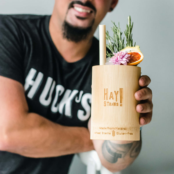 Garnished mug with Jumbo XL straw. Ditch plastic straws now! Shop the super wide, Jumbo XL by HAY! Straws®: Never soggy, natural straws made from reed stems. They're 100% biodegradable and compostable. This Jumbo with extra width is perfect for frozen thick shakes, smoothies, Bloody Mary's and crushed ice drinks.