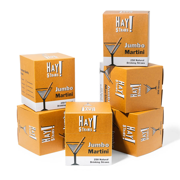 HAY! Straws Full Case Jumbo Martini 6" drinking straws six boxes of 250 straws on a white background compostable biodegradable plastic free wholesale quantity
