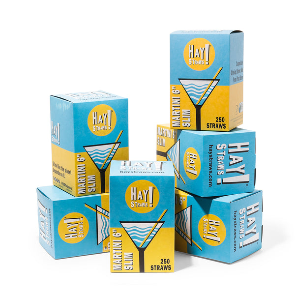 HAY! Straws Full Case Jumbo Slim Martini 6" drinking straws six boxes of 250 straws on a white background compostable biodegradable plastic free wholesale quantity ideal for cocktails thin liquids hot or cold drinks
