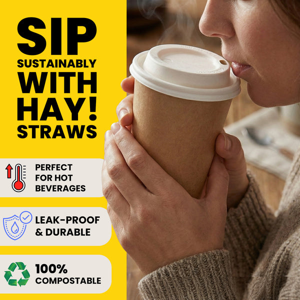 Person holding a coffee cup with a HAY! Straws friendly coffee lid and text promoting 'Sip Sustainably with Hay Straws' on a yellow background. Perfect for hot beverages, leakproof and durable, 100% compostable