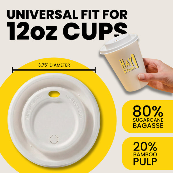 HAY! Straws Hot Cup Lid is the best Eco-friendly coffee lid and universal fit for 120z coffee cups, 3.75" diameter and made from 80% sugarcane + 20% bamboo pulp