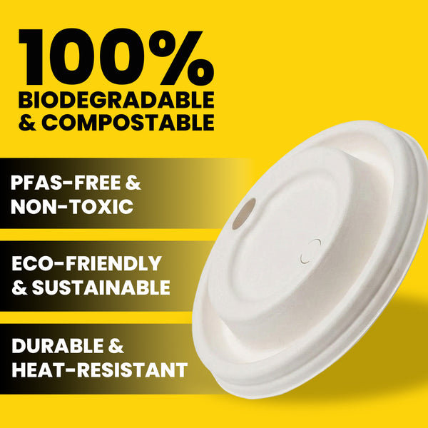 Biodegradable and compostable HAY hot cup lid with sustainability features on a yellow background, 100% biodegradable & compostable, PFAS-free & non-toxic, Eco-friendly and sustainable,  Durable & heat resistant 