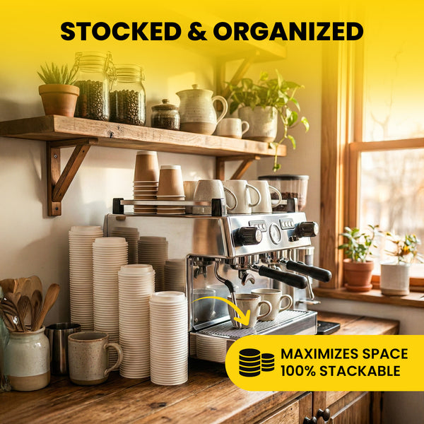 Kitchen counter with coffee machine, to-go coffee cups and HAY! coffee lids with 'Stocked & Organized' 'Maximizes space and 100% stackable" text and features of this compostable hot cup lid 