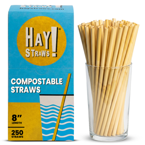 Hay! Straws compostable straws packaging box next to a clear glass cup filled with natural bamboo straws, on a white background. Standard reed straw 8" 250 pack 