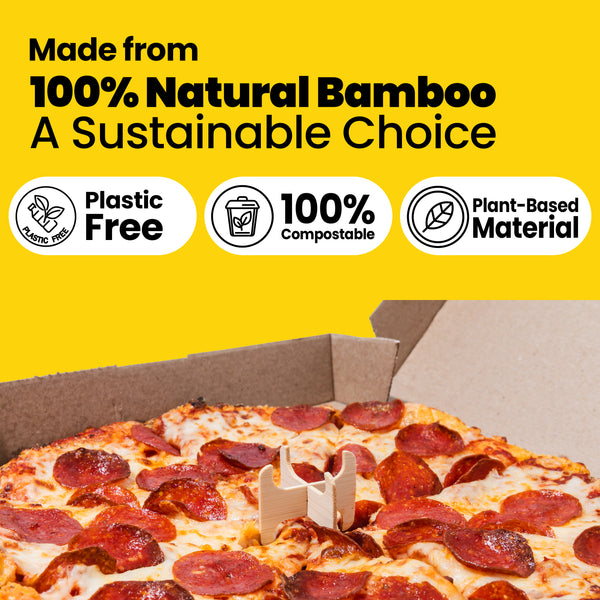 Hay! Straws Pizza  saver in a takeaway pizza box with sustainability claims on a yellow background, text reads made from 100% natural bamboo a sustainable choice, plastic-free, 100% compostable, plant-based material 