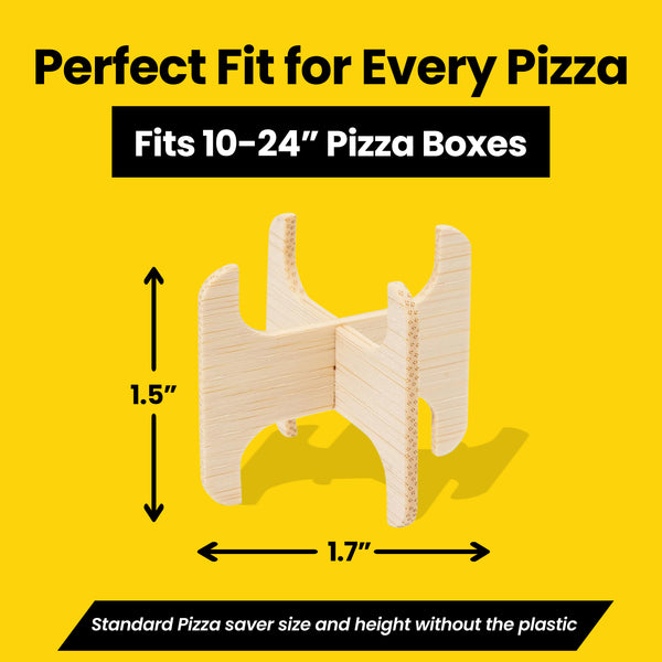 Wooden pizza box saver by hay straws with dimensions on a yellow background, fits a standard 10-24" takeaway pizza box