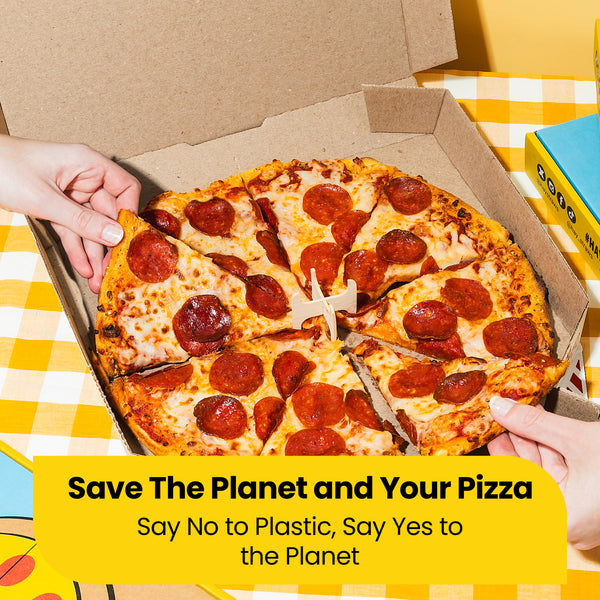 sustainable pizza saver made from bamboo on the top of a takeaway pizza, two women grabing pizza with the words "Save The Planet and Your Pizza" 