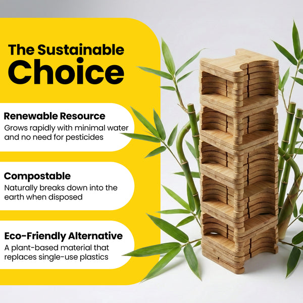 Bamboo-based pizza saver by hay straws with sustainability benefits text on a yellow background, made from a renewable resource, compostable and an eco-friendly alternative to plastic