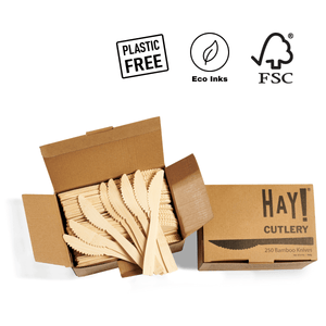 HAY Bamboo Cutlery About Page, Images shows HAY Cutlery box with bamboo knives and has 3 icon symbos: Plastic-free, Eco Inks, FSC certified