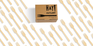HAY! Bamboo Cutlery Banner Image showing a box of HAY bamboo forks arranged diagonally across a white background