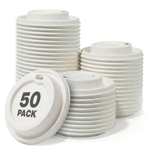 Stacks of white HAY! Straws coffee lids with a '50 Pack' label on a white background, biodegradable coffee cup lids that fit a 120z coffee paper cup and come in a box of 50 pieces