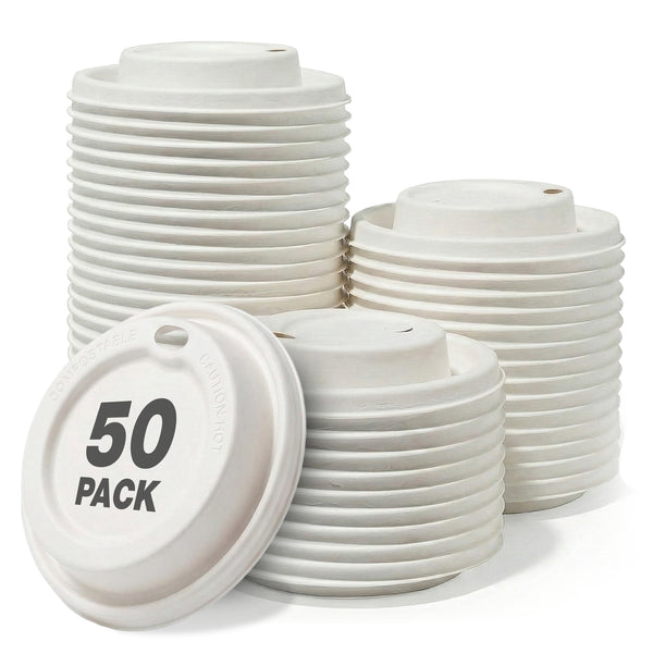 Stacks of white HAY! Straws coffee lids with a '50 Pack' label on a white background, biodegradable coffee cup lids that fit a 120z coffee paper cup and come in a box of 50 pieces