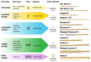 A product comparison chart of HAY! Straws showing different straw sizes and types with corresponding prices, materials, outer diameters, and straw length options. The chart includes Stir Stick, Cocktail Straw, Standard Straw, Jumbo Straw, and Boba Straw, with illustrations and photos of the reed stems.