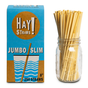 HAY Straws Jumbo Slim Straws made from reed plant stems, a n inner box of 250 biodegradable drinking straws, 8” length, non soggy straws, compostable straws, natural straws