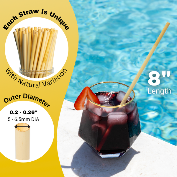 HAY! Straws Tall Jumbo Slim reed straw in a glass of red drink by a poolside, featuring product details on a yellow circle like outer diameter 0.2-0.26" and 8" length 