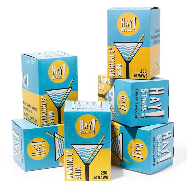 HAY! Straws Full Case Jumbo Slim Martini 6" drinking straws six boxes of 250 straws on a white background compostable biodegradable plastic free wholesale quantity ideal for cocktails thin liquids hot or cold drinks