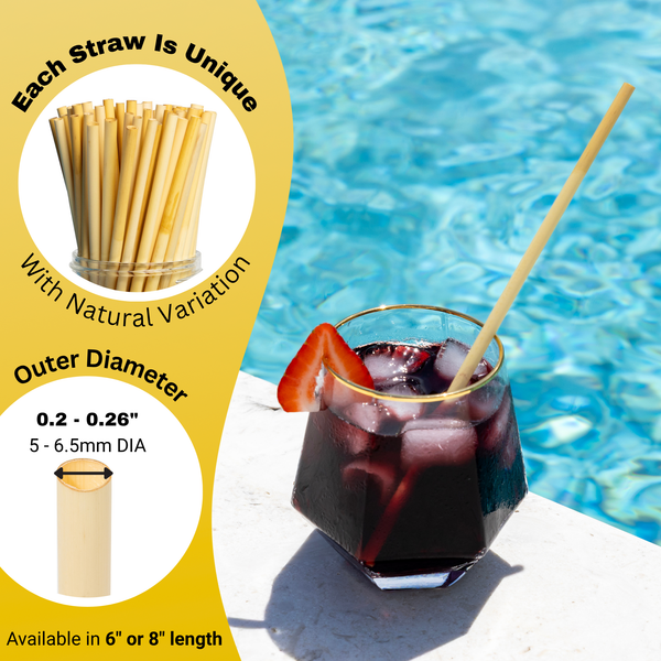 HAY! Straw Jumbo slim made from natural reed stems in a cocktail glass of red drink with a straw by a pool, featuring information about the straw's diameter and length. Describing each straw is unique  with natural variation and an outer diameter of 0.2-0.26", available in a 6" or 8" length drinking straw