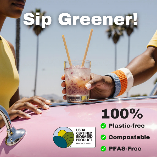 Person holding a drink with the best drinking straw by HAY! Straws with palm trees in the background, promoting a plastic-free and compostable product. Text says Sip greener 100% plastic-free compostable and PFAS-free with the USDA Biobased certification 