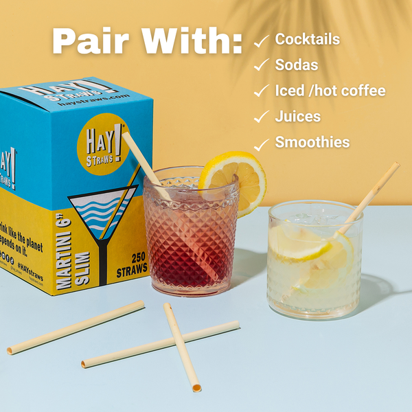 Hay! Straws plastic-free packaging with cocktails, lemon slices, and straws on a blue and yellow background with texts pair with cocktails, sodas, iced or hot coffee, juices, smoothies