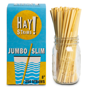 HAY Straws Jumbo Slim Straws made from reed plant stems, a n inner box of 250 biodegradable drinking straws, 8” length, non soggy straws, compostable straws, natural straws