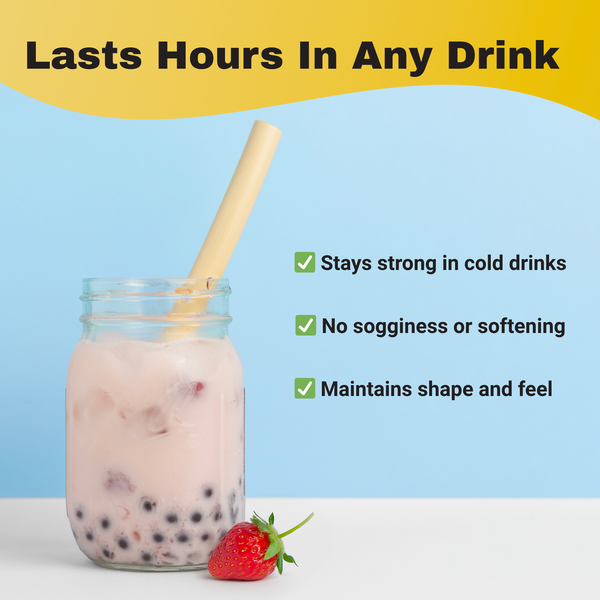 HAY! Straws Boba straw made from reed plant stems in a milk tea with a blue background and a strawberry garnish With text saying straws last hours in any drinks , never going soggy and maintaining shape and feel 