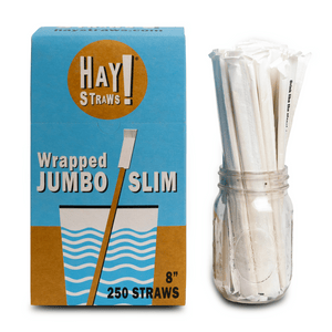 HAY Straws Jumbo Slim Straws made from reed plant stems, Individually wrapped straws in a box of 250 straws, wholesale drinking straws 8” length, non soggy straws, compostable straws, natural straws