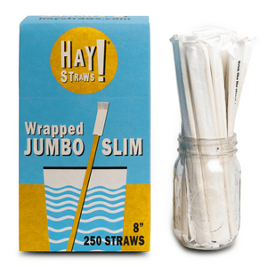 HAY Straws Jumbo Slim Straws made from reed plant stems, Individually wrapped straws in a box of 250 straws, wholesale drinking straws 8” length, non soggy straws, compostable straws, natural straws