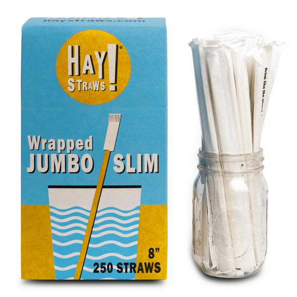 HAY Straws Jumbo Slim Straws made from reed plant stems, Individually wrapped straws in a box of 250 straws, wholesale drinking straws 8” length, non soggy straws, compostable straws, natural straws