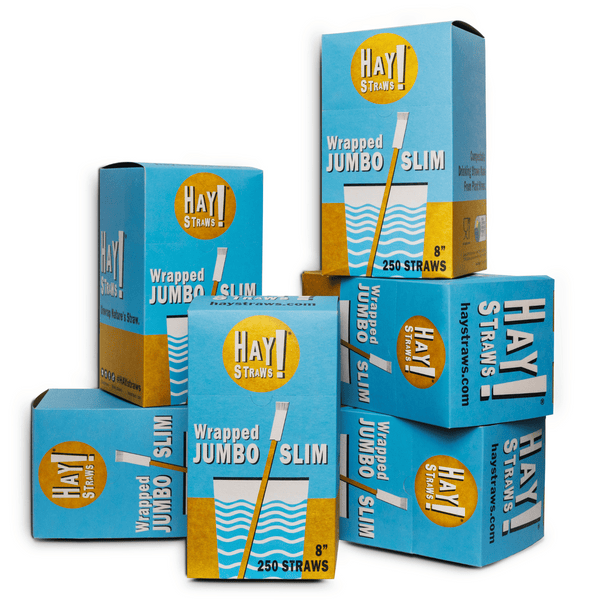 HAY Straws Jumbo Slim Straws made from reed plant stems, Individually wrapped straws in a bulk case of 1500 straws, wholesale drinking straws 8” length, non soggy straws, compostable straws, natural straws