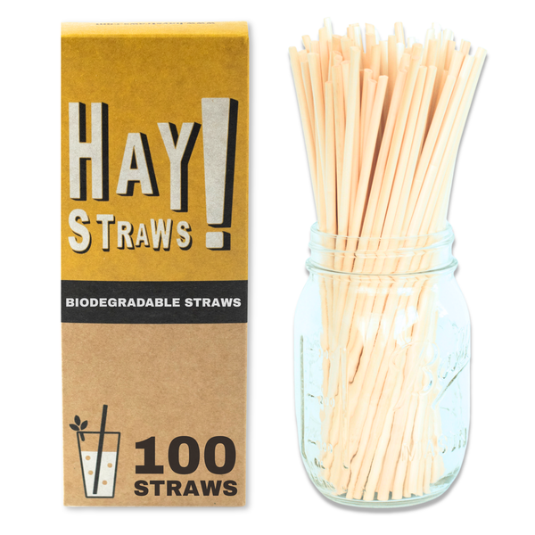 100 Pack - Tall 7.75 inch Original® Hay Straws. All drinking straws made from natural wheat stems, 100% biodegradable and compostable. Perfect for cold or hot drinks, HAY! drinking straws never get soggy, they stay sturdy in hot and cold drinks.