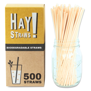 HAY Straws 500 Tall straws. Eco-friendly straws made from wheat stems, 100% biodegradable and compostable, plastic-free, PFAS-free and gluten-free. HAY! drinking straws never get soggy perfect for cold and hot drinks. Inner Diameter 3.5-5mm, length 7.75" image of kraft cardboard box in a white background with a clear mason jar showing the natural straws